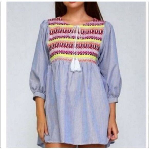 VELZERA BOHO-INSPIRED EMBROIDERED DRESS/TUNIC NWT BLUE SZ.M - Picture 1 of 5